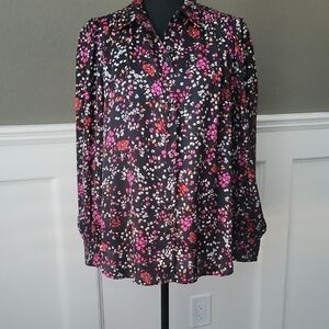 Ann Taylor Black and Pink Floral Blouse